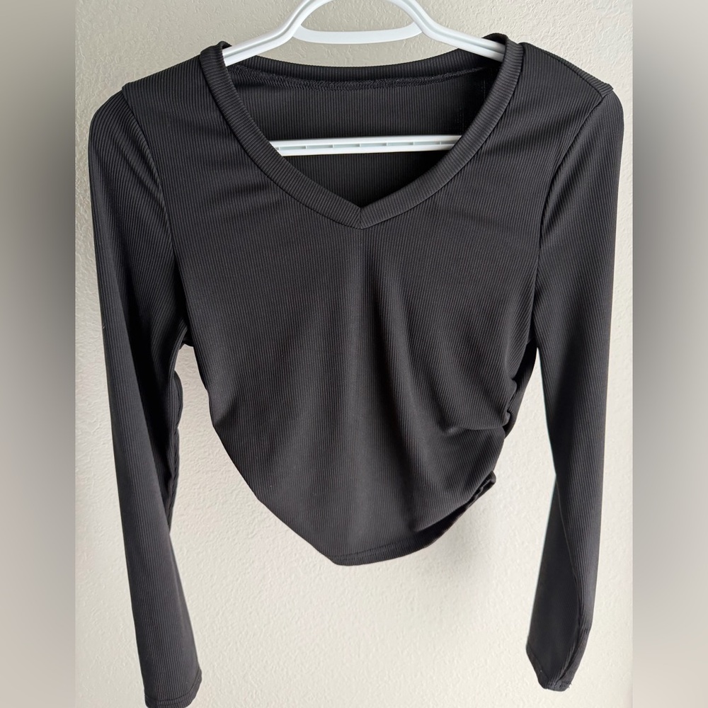 SHEIN Black Ribbed V-Neck Long Sleeve Top
